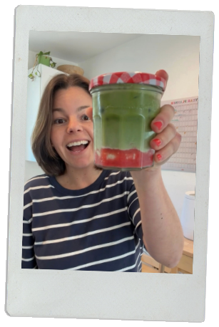 Colette holding a strawberry matcha