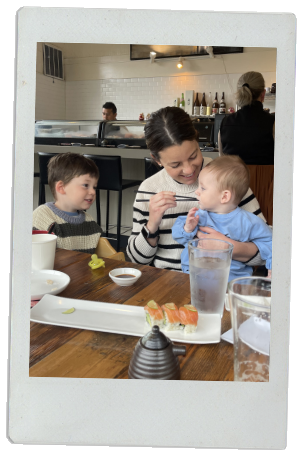 Colette and her boys at the kitchen counter