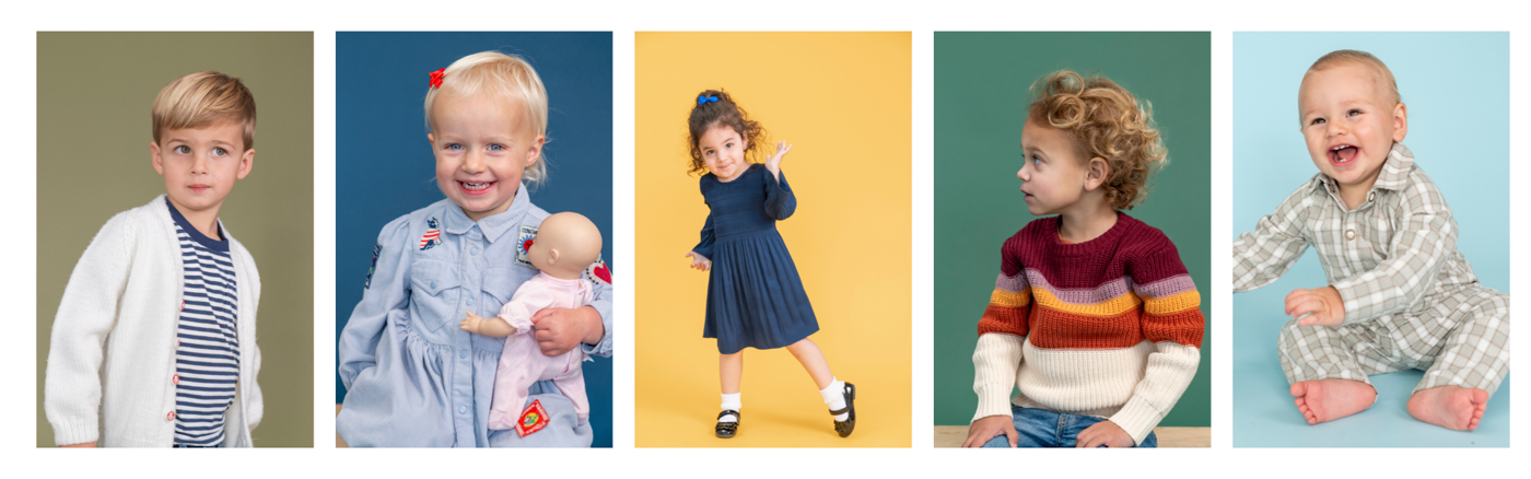 A row of kids personality portraits on colorful studio backgrounds